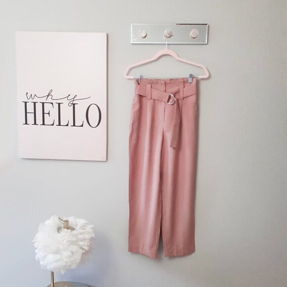 NWOT Zara pink paperbag elastic high waist belted crop trouser pants, S - Picture 5 of 9